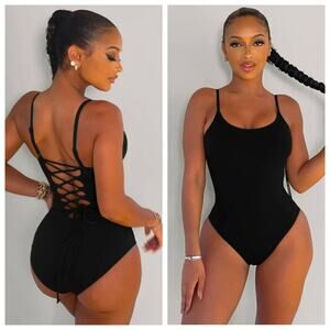TA3 Lacey Black One Piece Swimsuit Lace Up Back Small X Long Tall NWT